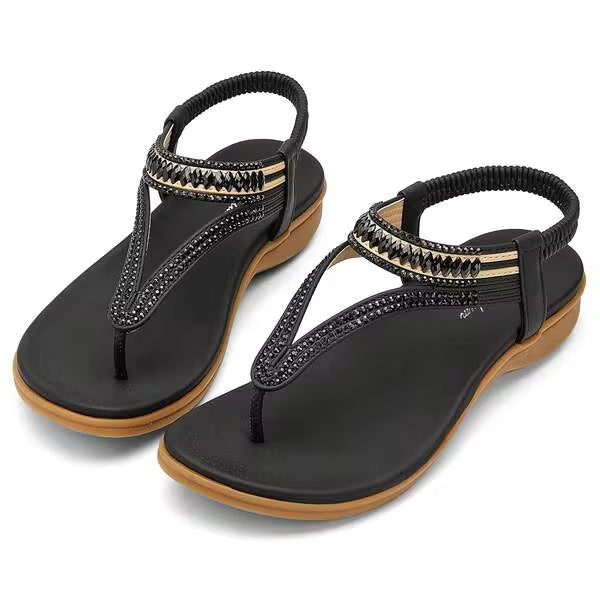 LITTLEPLUM Flat Sandals For Women Dressy: Comfortable Summer Flats Shoes Elastic Ankle Strap Bohemian Beaded Beach Sandal
